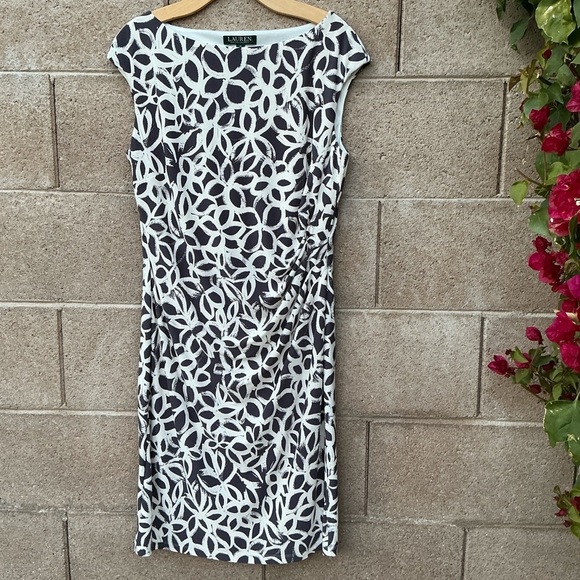 EUC Ralph Lauren Jersey Sheath Floral Midi Dress Pleated Size 14 Bodycon Office - Picture 2 of 9